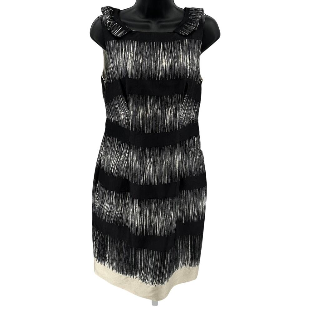 Banana Republic Sheath Dress WMNS 0 Sleeveless Black Cream Striped Ruffled Neck